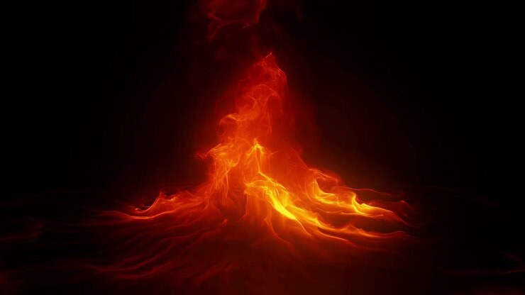 Lava fusa si espande verso l'esterno con una vivida illuminazione arancione, texture fluide e forme mutevoli contro un ambiente scuro, catturando calore intenso, dettagli superficiali incandescenti e il movimento del paesaggio