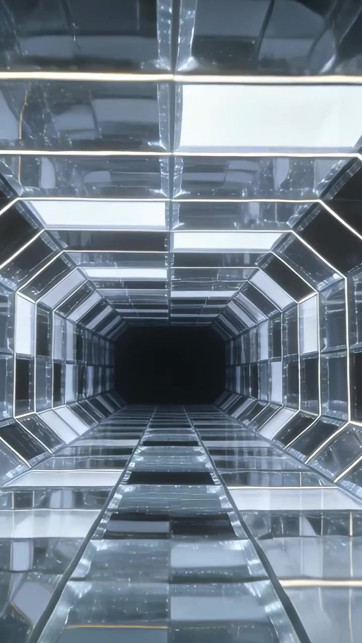 Video verticale: Telecamera in movimento che inizia il percorso sull'asse di un tunnel a specchio ottagonale, verso un vuoto oscuro