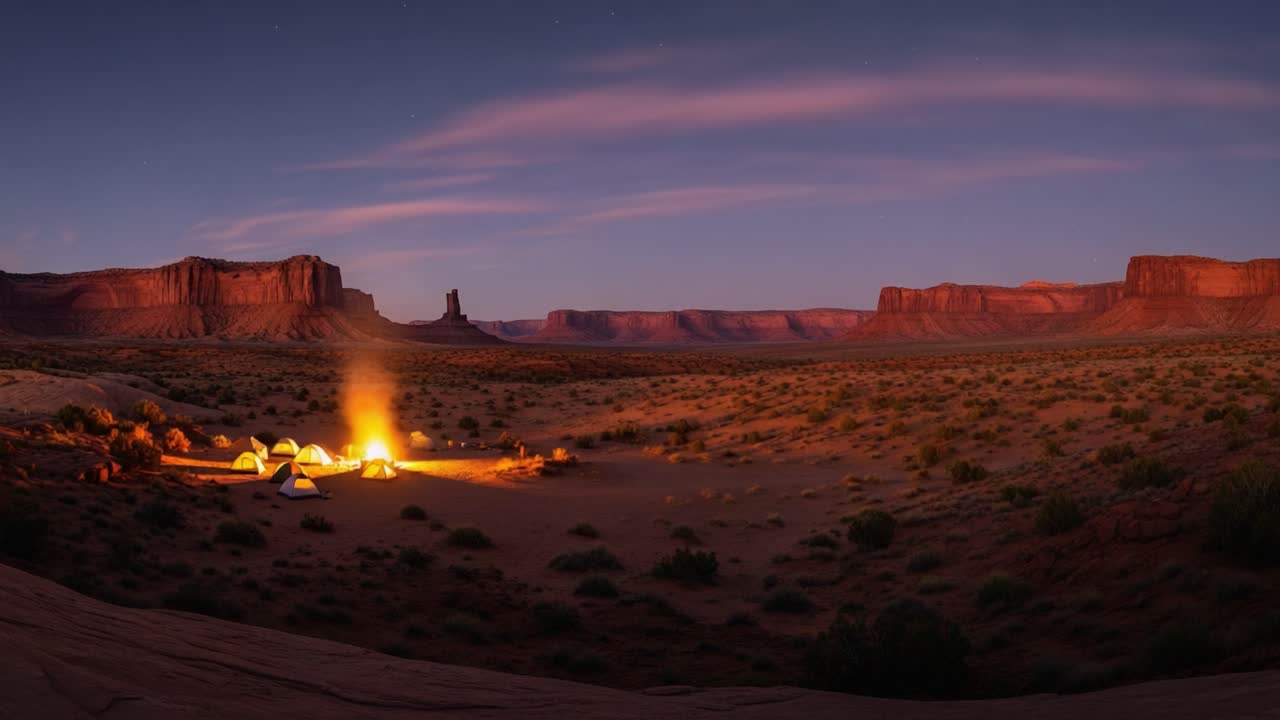 Night Camping Under Starry Sky in Desert Landscape with Campfire and Tents