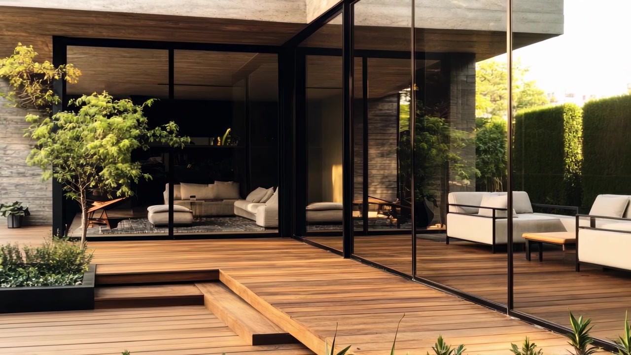 Außenansicht eines modernen Luxushauses mit Holzterrasse und Garten