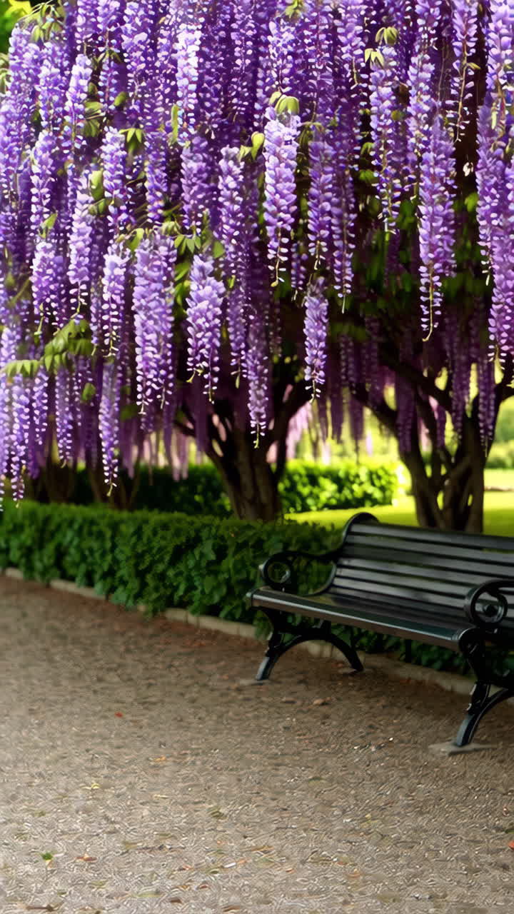 Wisteria-Covered Path and Bench in a Park