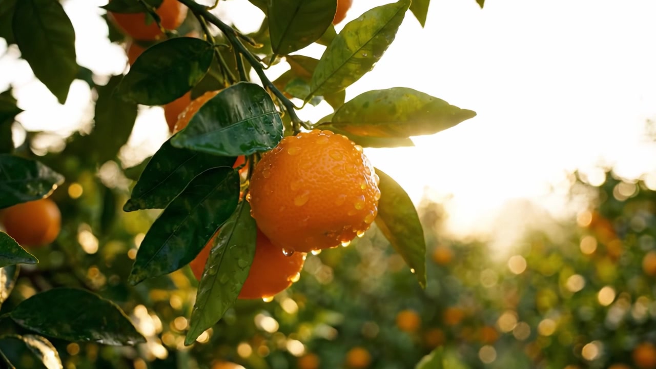 Arance radiose che luccicano di rugiada sotto il sole del mattino in un frutteto - Catturando l'abbondanza della natura su vivaci rami d'albero.