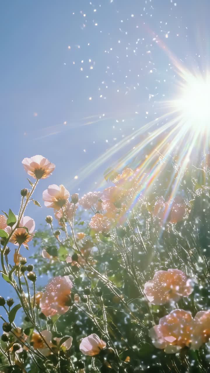 晴れた空を背景に咲き誇る花々をローアングルで撮影。夢のような幻想的な雰囲気を捉えています。