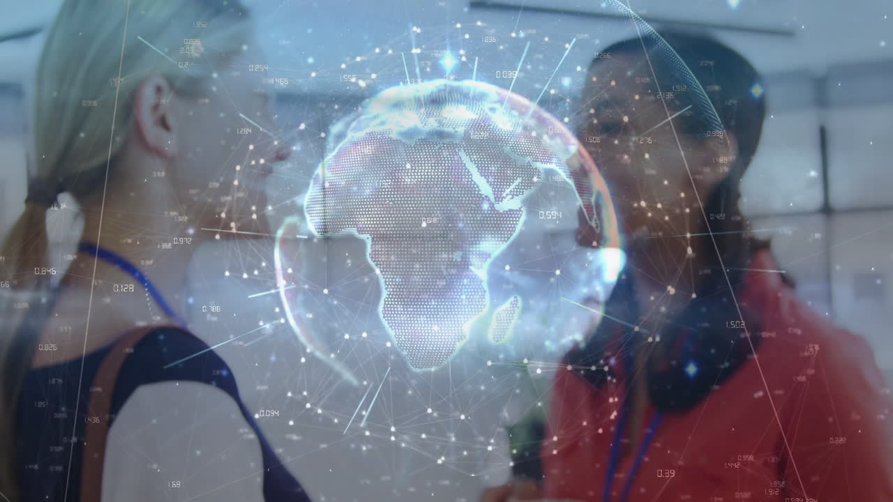 Digital globe animation over two people discussing in modern office setting