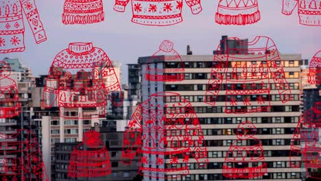 Animation-of-christmas-jumper-pattern-over-cityscape-in-background