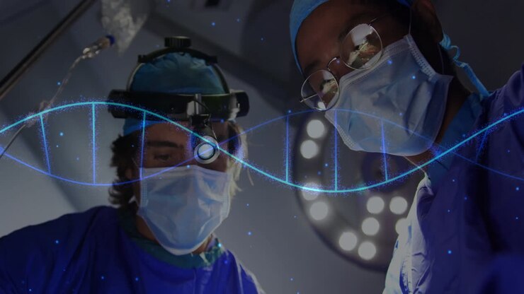 Im Krankenhaus: Chirurgen operieren in einem Raum mit überlagerter DNA-Strang-Animation.