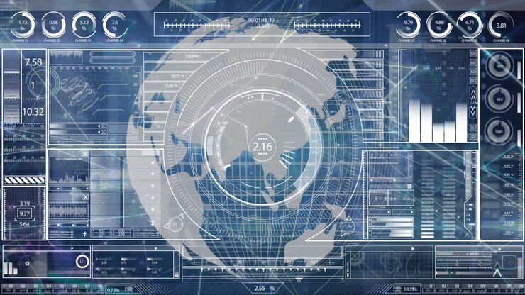 Animation of data processing and scope scanning over globe and shapes