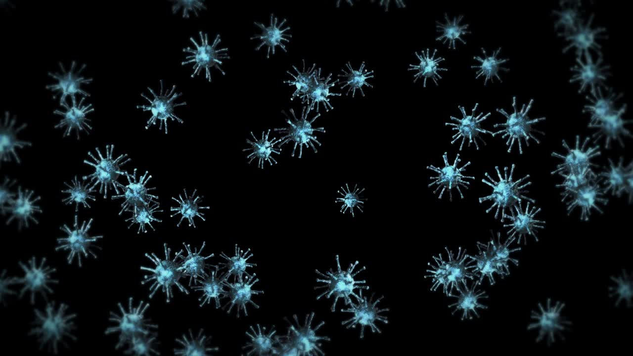 Flying many virus cells on black background. Medical concept, Microscopic illustration. 3D animation of virus molecule rotating. Loop animation.