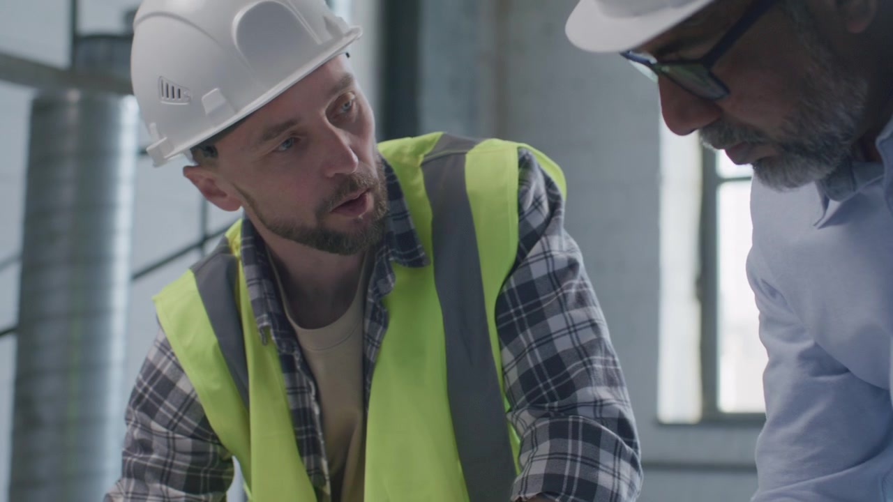 Ingegnere e caposquadra che lavorano su disegni tecnici in cantiere