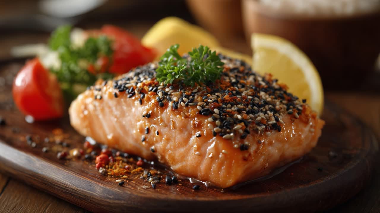 Filetto di salmone succulento guarnito con erbe fresche e limone, un piatto delizioso servito su un rustico tagliere di legno circondato da verdure colorate