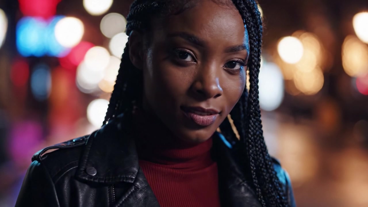 Une femme confiante aux cheveux tressés se tient dans un environnement urbain animé, capturant l'essence de la vie nocturne avec une expression forte et assurée sous les lumières de la ville.