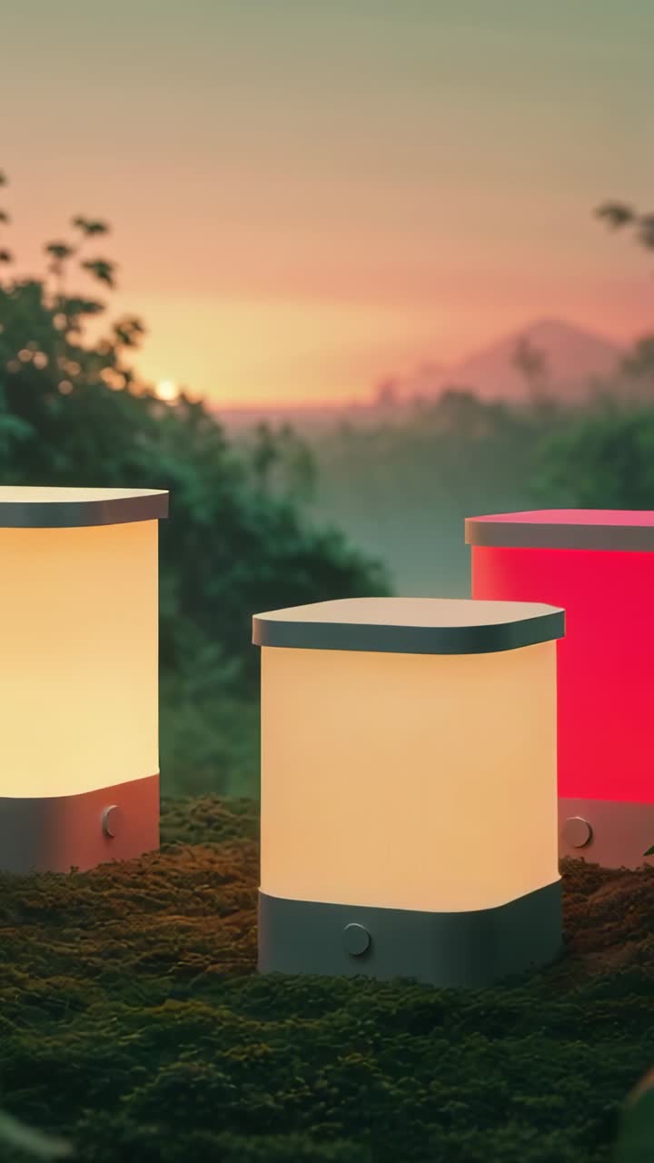 Vertical video: Shifting through hues three LED lanterns after two sec on moss, showcasing design