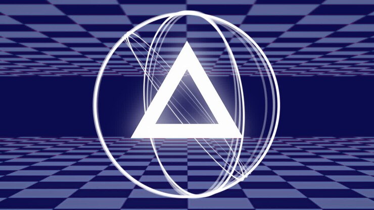 Vintage digital image with white triangle, spinning rings, and moving checkerboard.