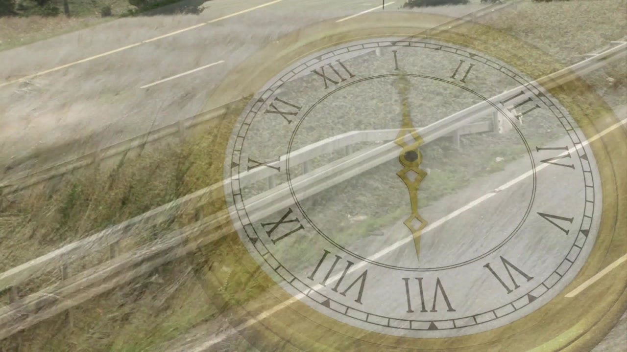 Starting aerial shot showing roman-numeral clock hovering above road as cars passing marking time