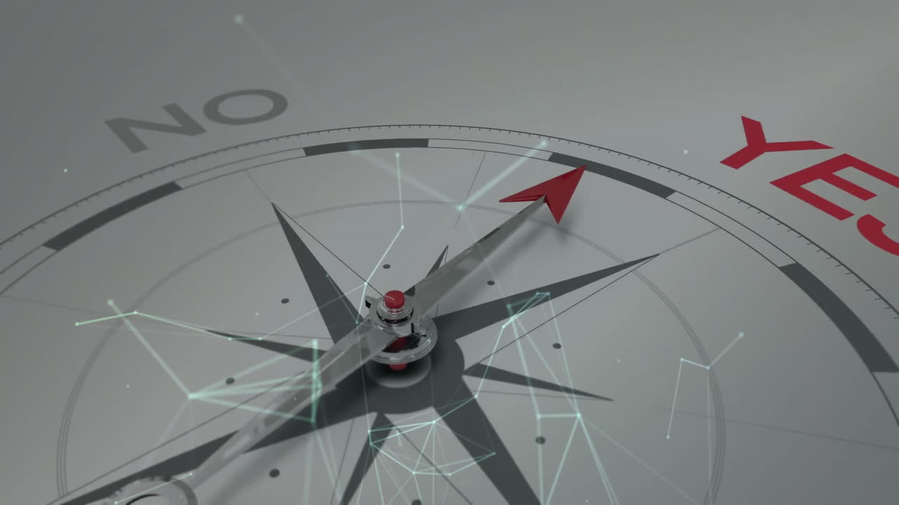 Compass with red arrow pointing north over digital network animation