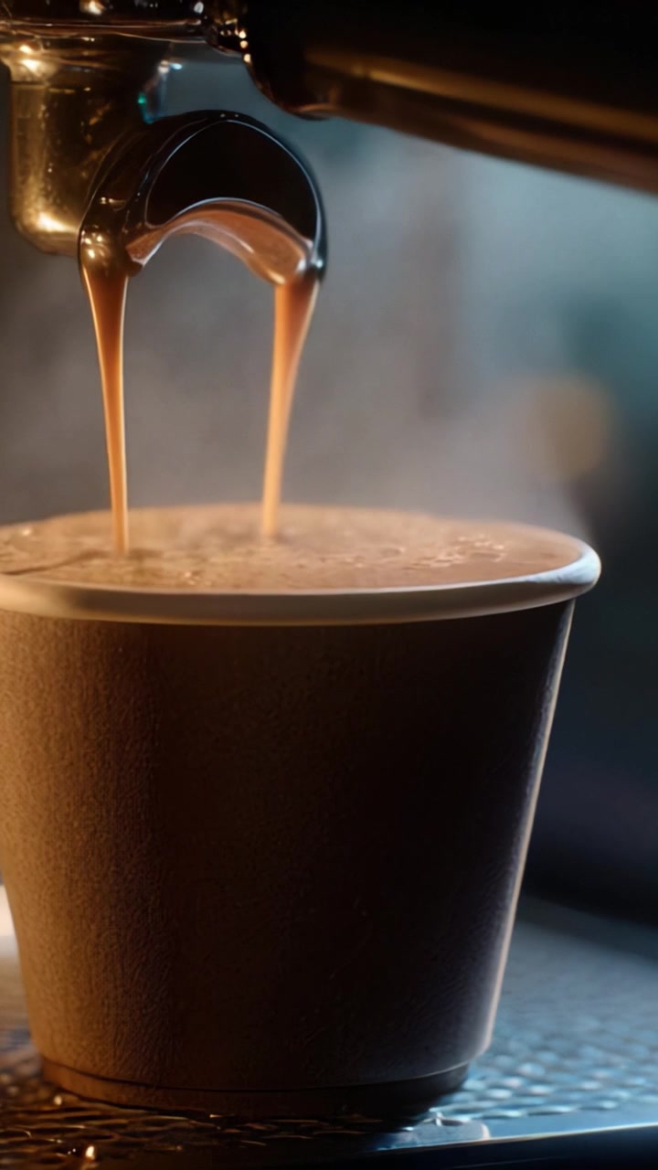 Una vista affascinante di caffè appena estratto, che mostra i colori ricchi e l'aroma fumante, creando una scena invitante per gli amanti del caffè di tutto il mondo.