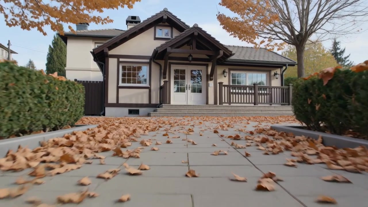 舗装された小道と落ち葉のある前庭に建つ小さな一軒家を映し出す移動カメラ。