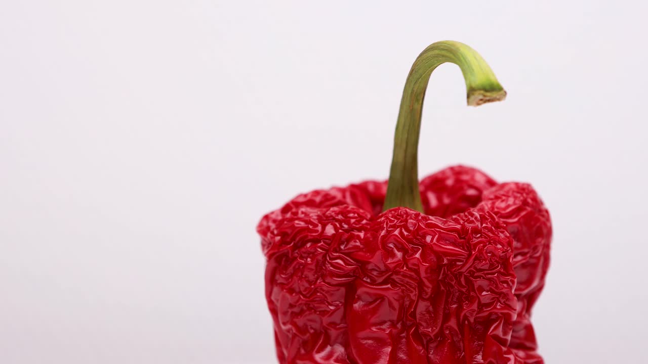 시계 반대 방향으로 회전하는 주름진 활기찬 다채로운 빨간색 말린 파프리카와 녹색 줄기가 있는 파프리카는 지나치게 익은 채소의 오래된 피부를 시들게 하는 복잡한 세부 사항과 질감을 보여줍니다.