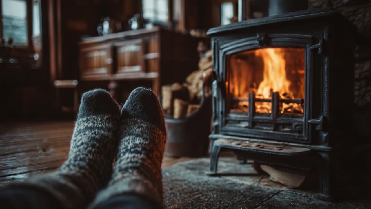 Cozy Moments Captured: Warm Feet by the Fireplace Amidst Rustic Decor in a Charming Cabin, Ideal for Cold Weather Relaxation