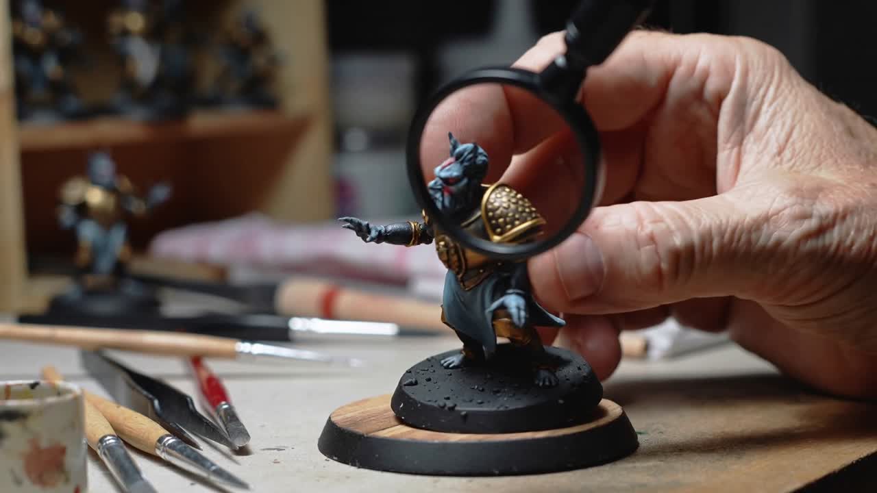 Levantando una lupa, un aficionado inspecciona los detalles de la pintura mientras gira una miniatura felina en un banco de trabajo.