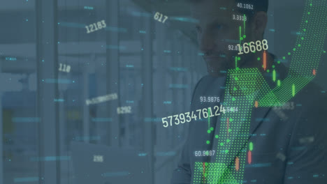 animation of data processing over caucasian man in server room