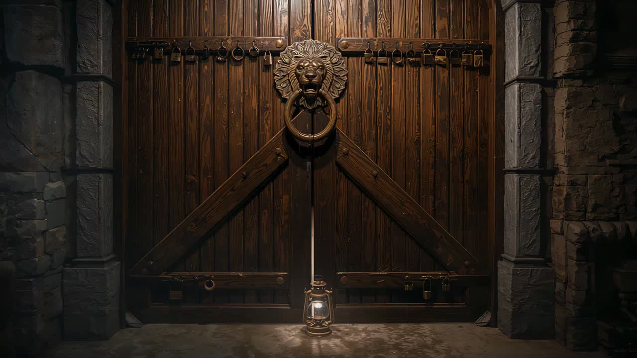 Flickering lantern revealing narrow seam light across double doors at stone gate, lighting knocker