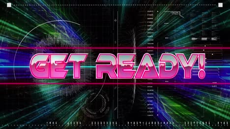 Animation-of-get-ready-text-over-neon-lines-on-dark-background