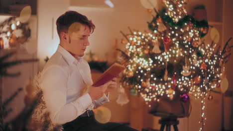 handsome man reading book while sitting on chair at home during christmas