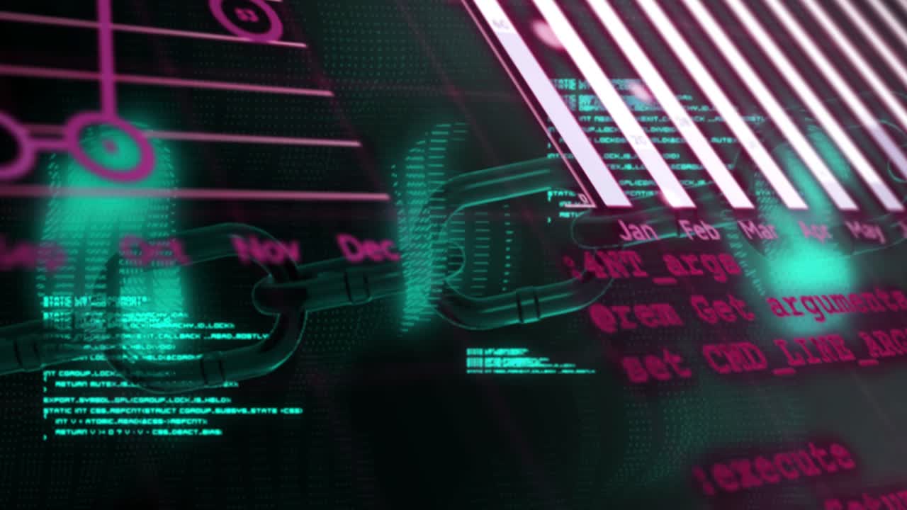 Stylized chain getting teal pulse, traveling right while revealing charts and showing monthly data