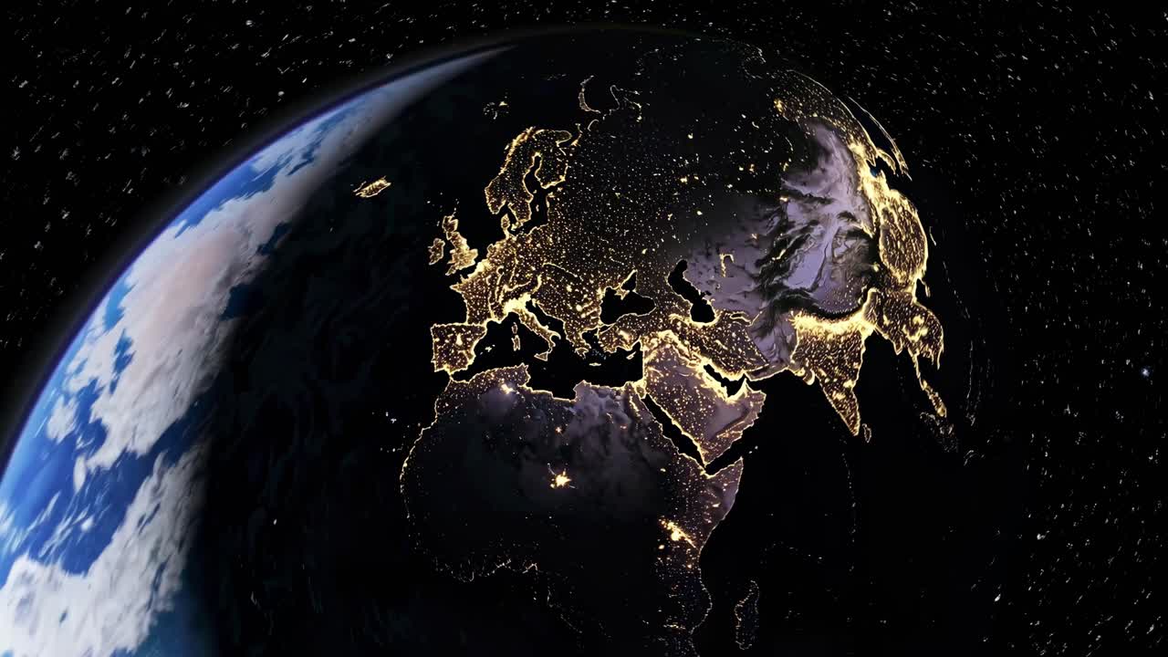 A video captures Earth from space at a tilted angle, showcasing day and night with city lights