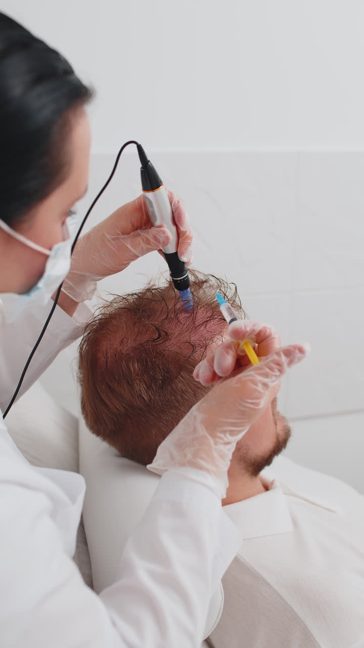 tricólogo haciendo hombre mejorar el crecimiento del cabello procedimiento dermapen microneedling inyecciones de vitaminas