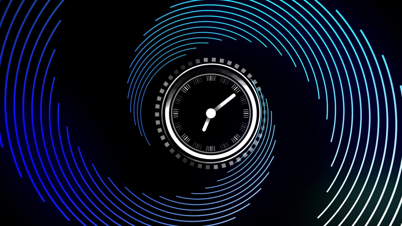 Le lancette dell'orologio appaiono sul quadrante, avviando archi a spirale rotanti, con blocchi interni che scorrono, mostrando l'ora.
