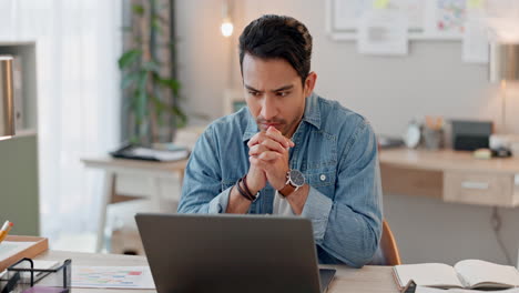 Computadora-Portátil,-Estrés-Y-Pensamiento-Con-Un-Hombre-De-Negocios