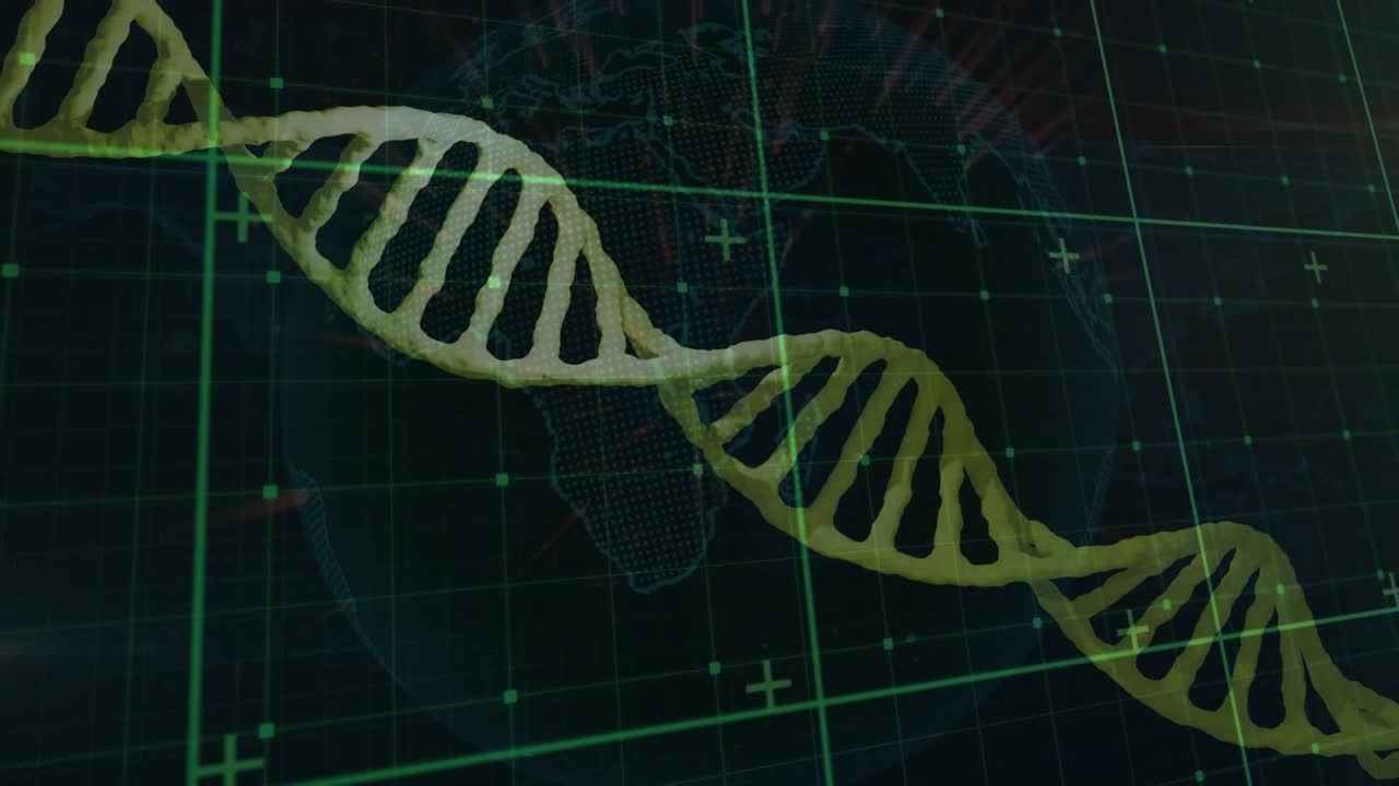 Animazione di strutture del DNA e scie luminose su globo rotante su sfondo nero