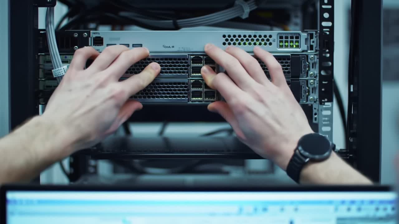 Technician Performing Maintenance on Server Equipment While Monitoring Systems on a Computer Screen, Ensuring Optimal Performance and Security in Data Management