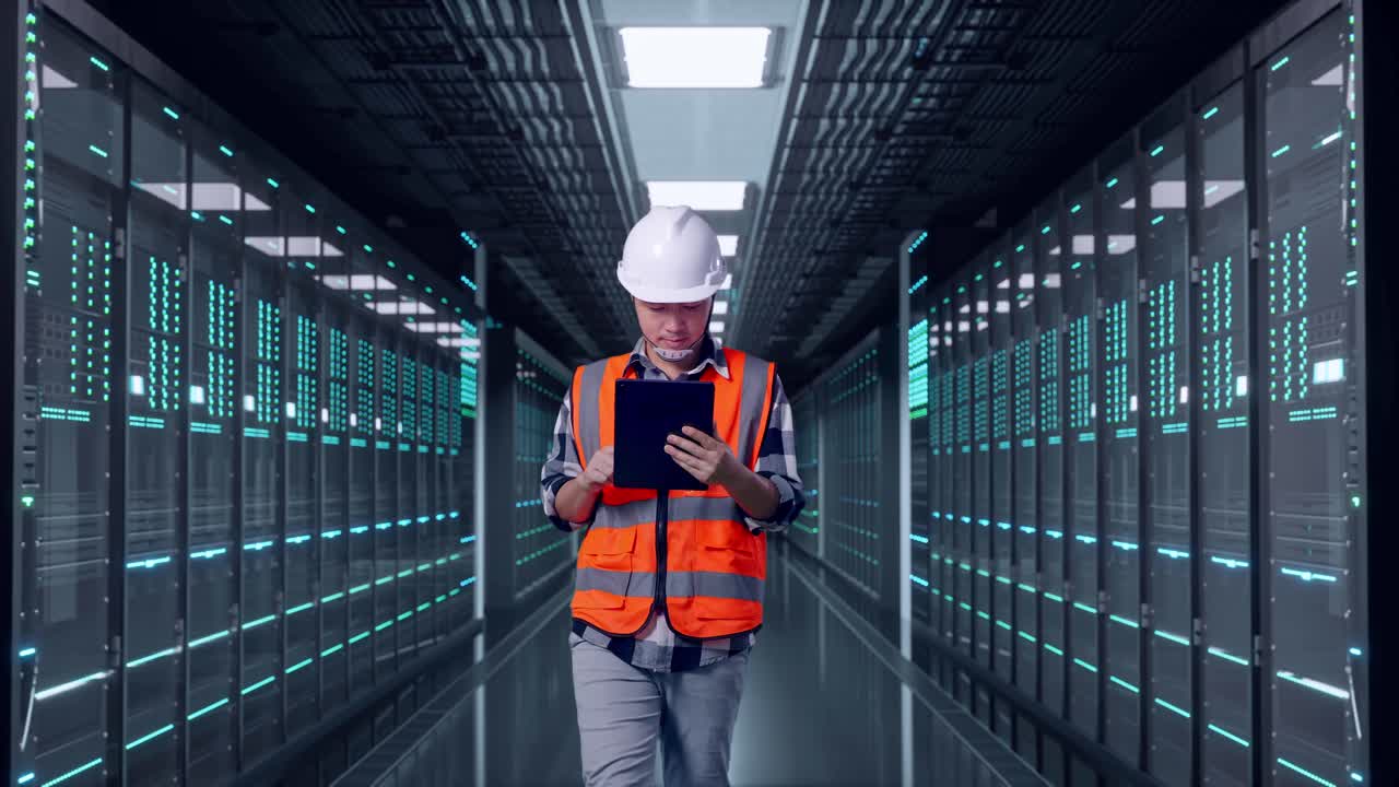 Front View of Asian Male Engineer Use Tablet While Walking in Server Room Data Center