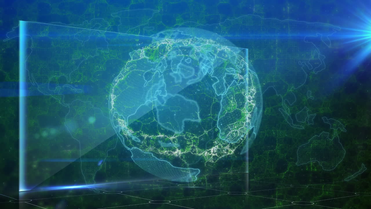 Animazione di scansione radar con rete di connessioni con icone su schermo blu