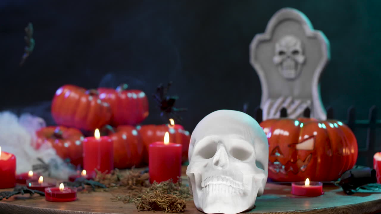 Spooky Halloween Scene with Skull, Pumpkins, and Candles