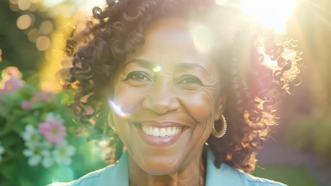 un primer plano de una alegre mujer negra de edad avanzada con dientes blancos sonriendo en un jardín. ella lleva pendientes de oro y tiene una expresión feliz