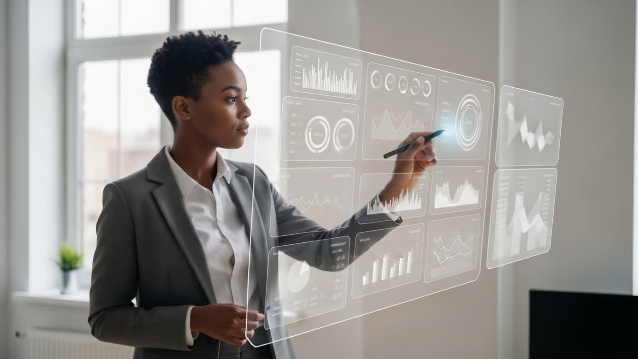 A focused professional woman engages with an interactive digital interface, showcasing graphs and data analysis in a modern office setting, emphasizing technology and innovation