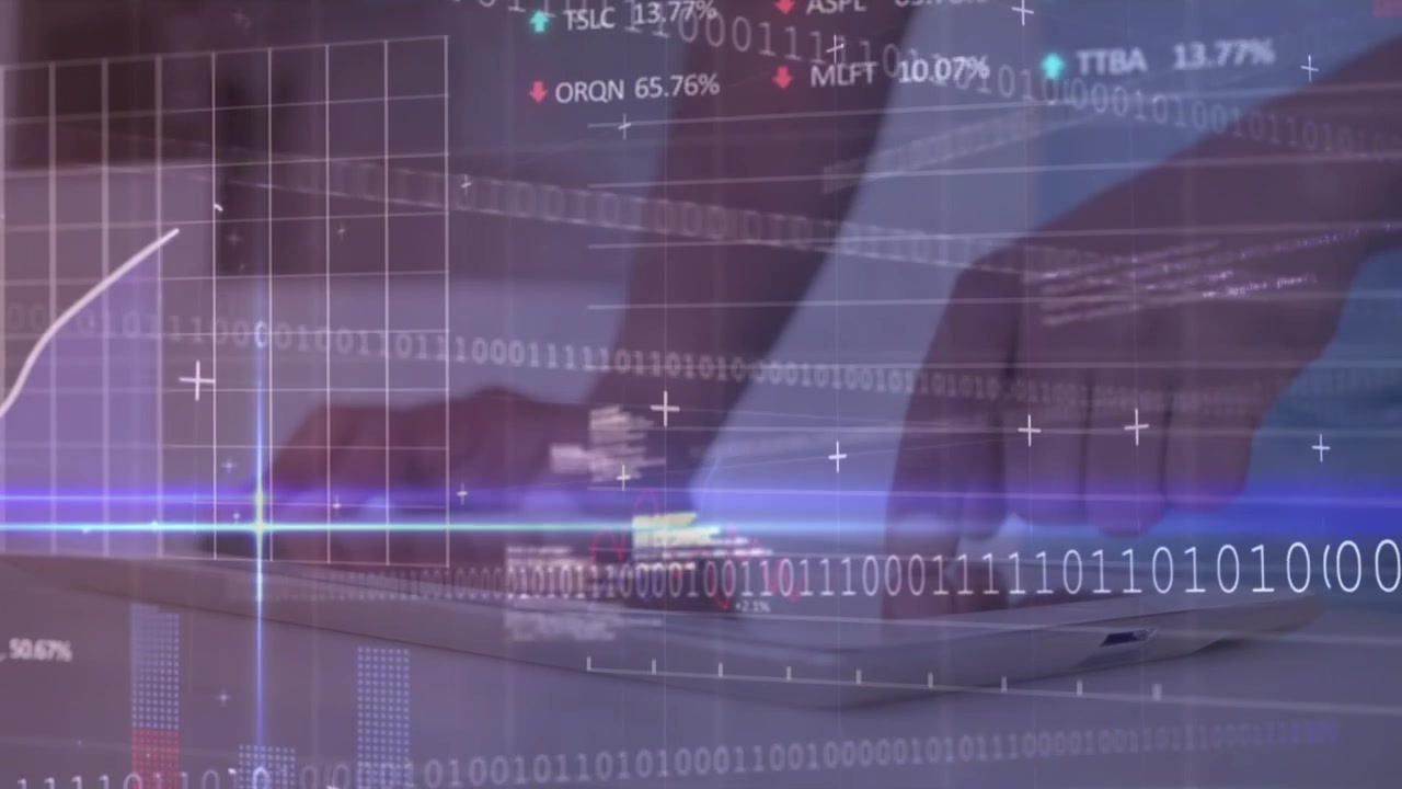 Animation of financial data processing over businesswoman using tablet at office