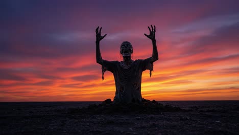 a haunting figure emerges from the ground, arms raised in desperation against a stunning sunset backdrop, creating an eerie yet captivating atmosphere of vibrant colors