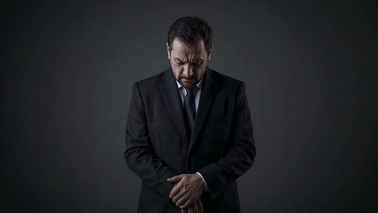 Camera starting man fixing cuff and resting at waist while thinking in studio, dark-suit dark-tie