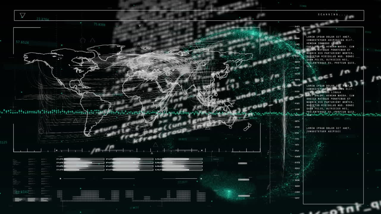 animación del procesamiento de datos financieros en el mapa del mundo y el globo