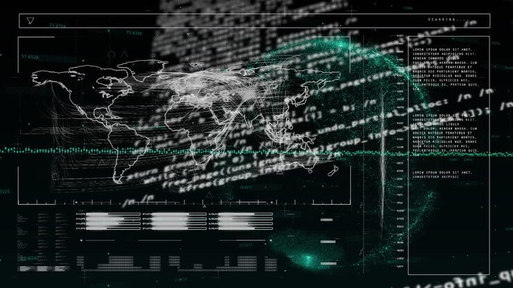 Animation of financial data processing over world map and globe