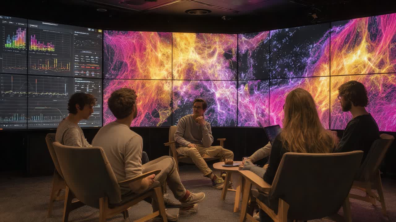 Partecipa a un'innovativa sessione di visualizzazione dati: esplora modelli complessi e approfondimenti all'interno di un ambiente di visualizzazione high-tech con un team collaborativo