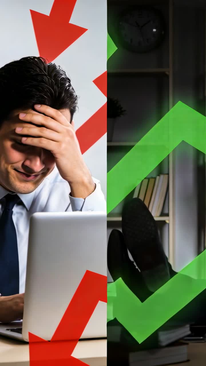 Trabalhador reagindo à notificação do laptop, tela dividida mostrando setas vermelhas para baixo e setas verdes para cima, em contraste de negócios.