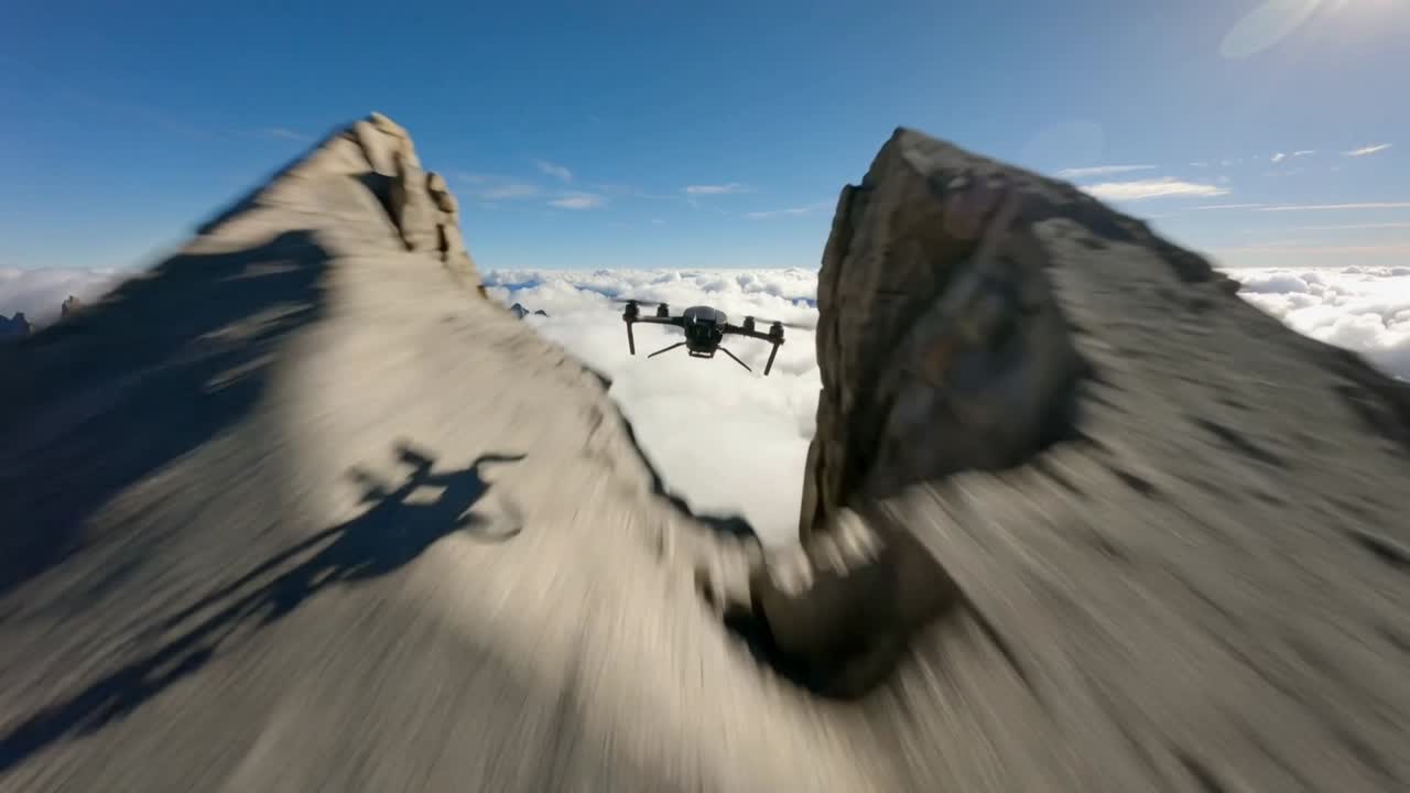 Drone quadricottero scuro in volo dopo il comando del pilota, che segue uno stretto crinale alpino e sfiora le nuvole.