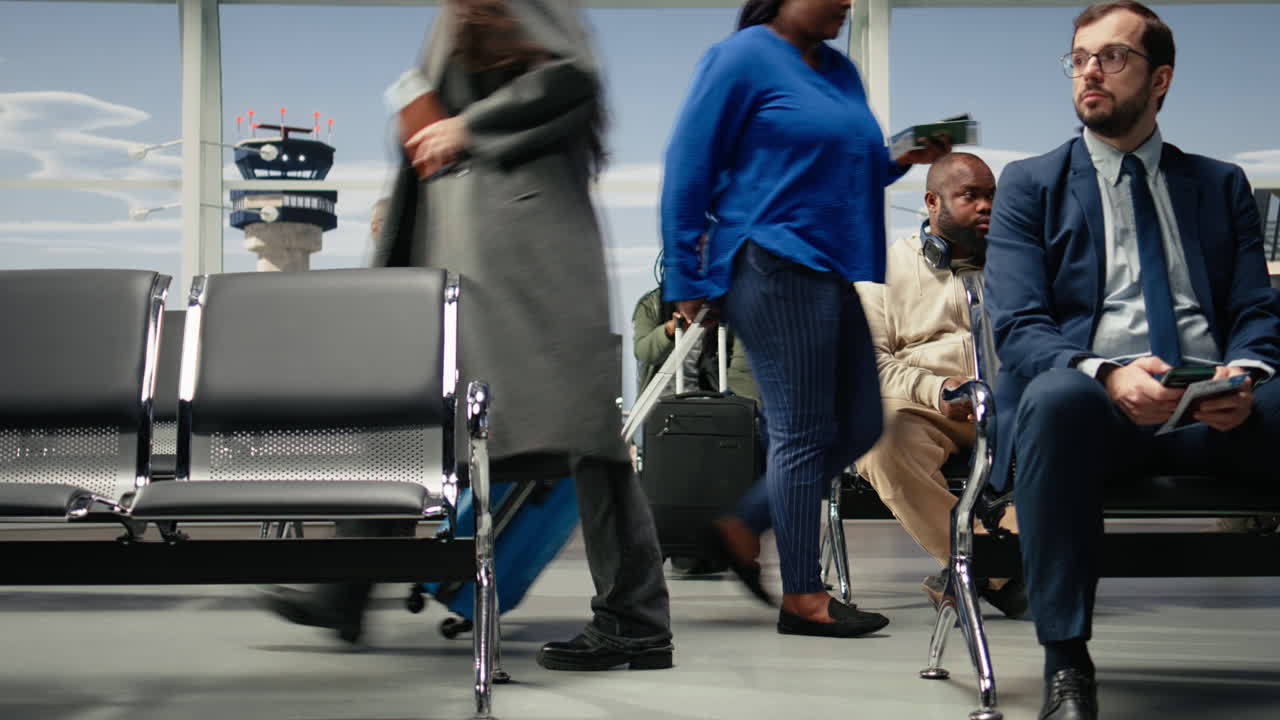 Woman in airport carrying travel essentials, sitting on bench while waiting
