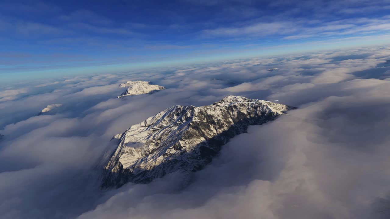 drone militar solitario volando sobre nubes de paisaje de montaña con cielo azul animación cgi aérea 4k